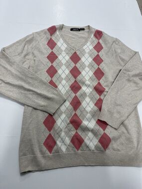 Claiborne Men's Cotton Beige Argyle V-Neck Sweater Pullover Long Sleeve Large